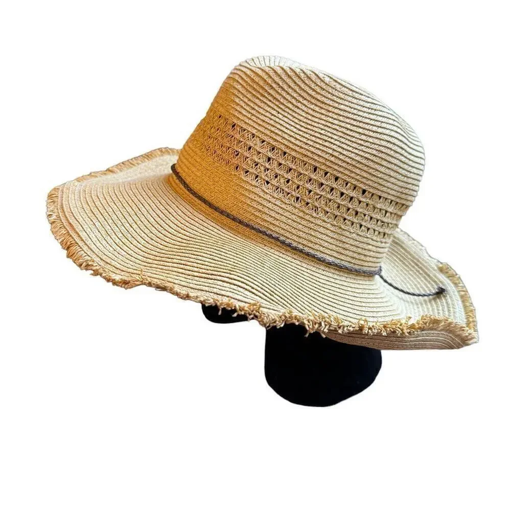 Women's Beige Straw Sun Hat Wide Brim Frayed Lightweight One Size